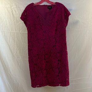 Magenta Lace Sheath Dress | Size 12 | Floral Overlay | Stretch Lined
